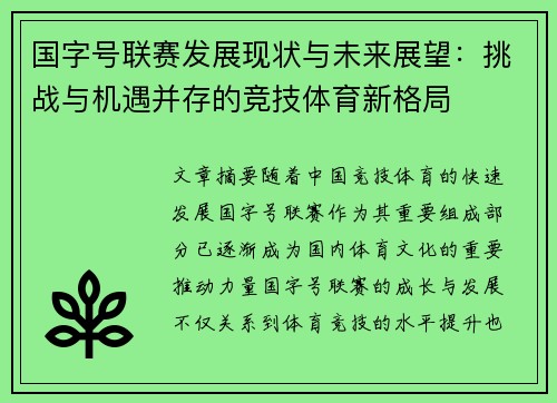国字号联赛发展现状与未来展望：挑战与机遇并存的竞技体育新格局