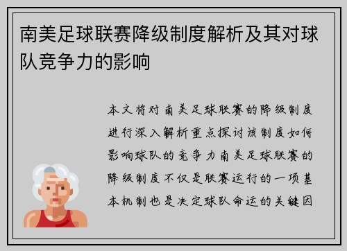 南美足球联赛降级制度解析及其对球队竞争力的影响