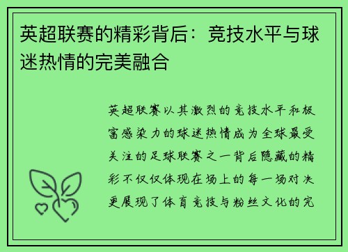 英超联赛的精彩背后：竞技水平与球迷热情的完美融合