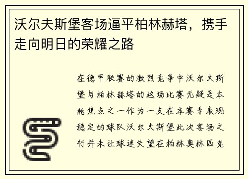 沃尔夫斯堡客场逼平柏林赫塔，携手走向明日的荣耀之路