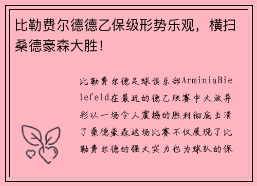比勒费尔德德乙保级形势乐观，横扫桑德豪森大胜！